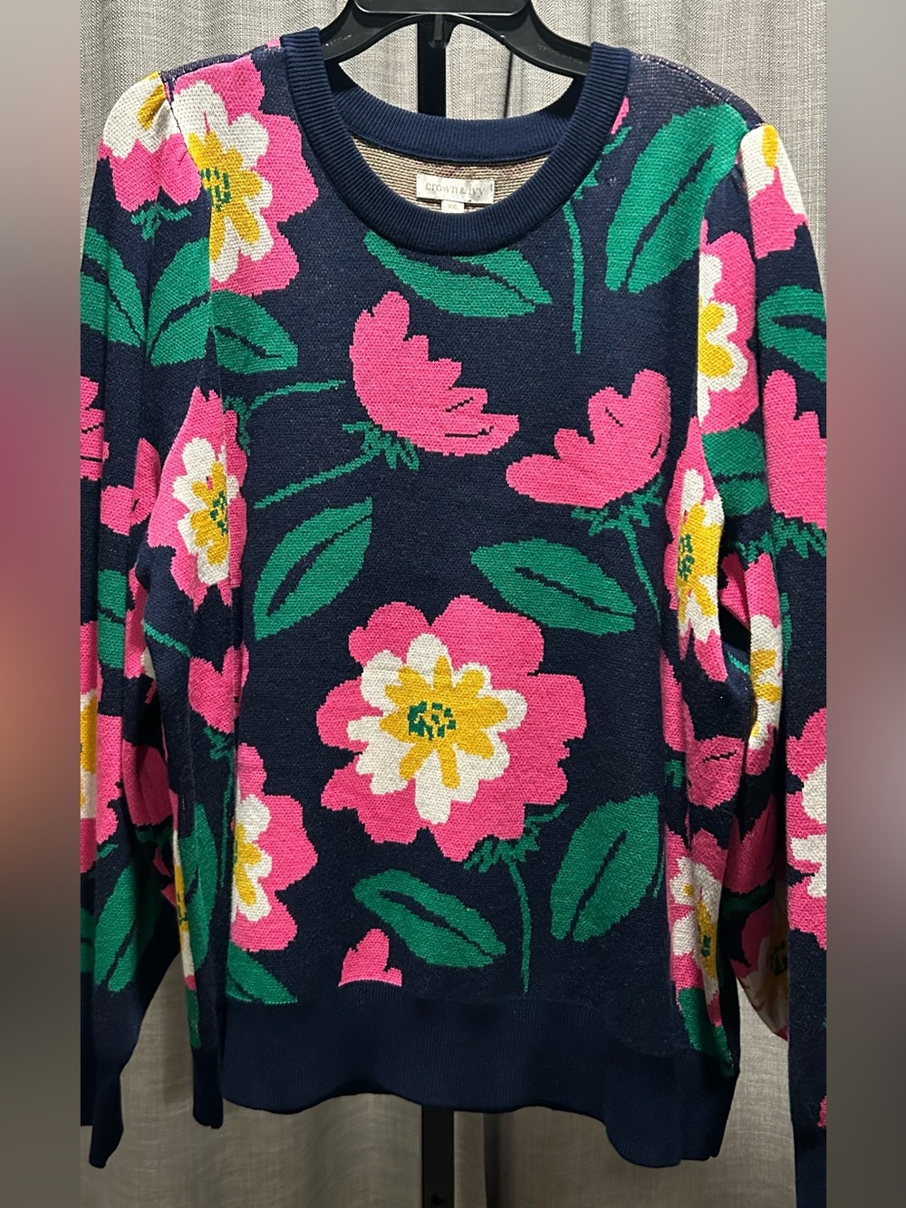 crown & ivy Navy Floral Crewneck Sweater with Pink and Green Blooms